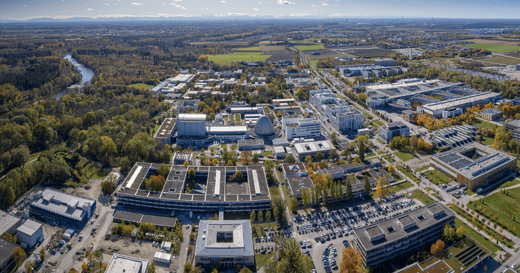 Tampak atas kampus Technical University of Munich dengan deretan gedung, jalan, dan area hijau di sekitarnya.