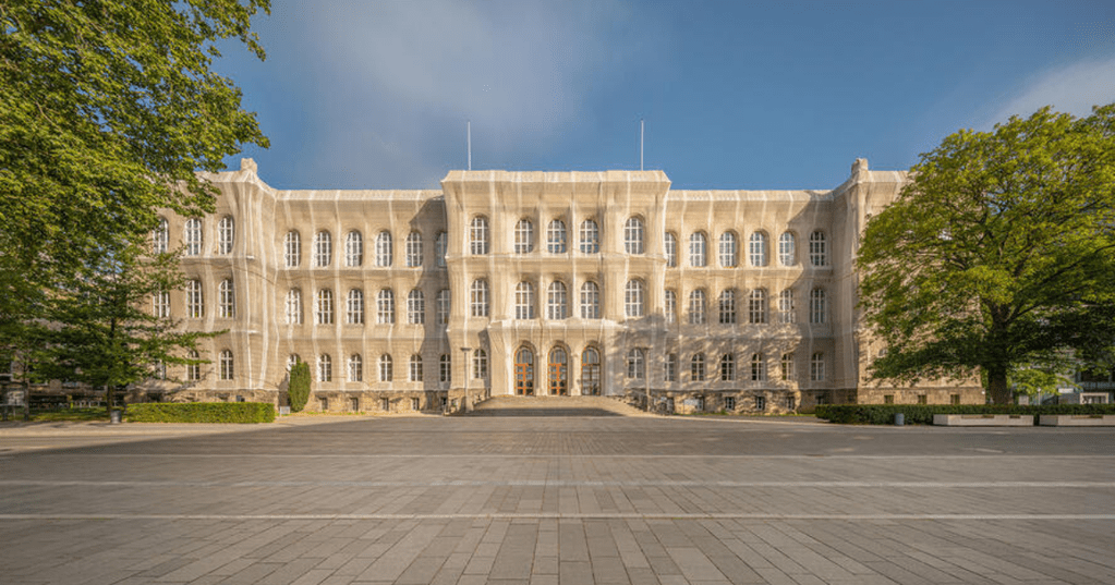 Tampak depan kampus RWTH Aachen University dengan gaya arsitektur Eropa.