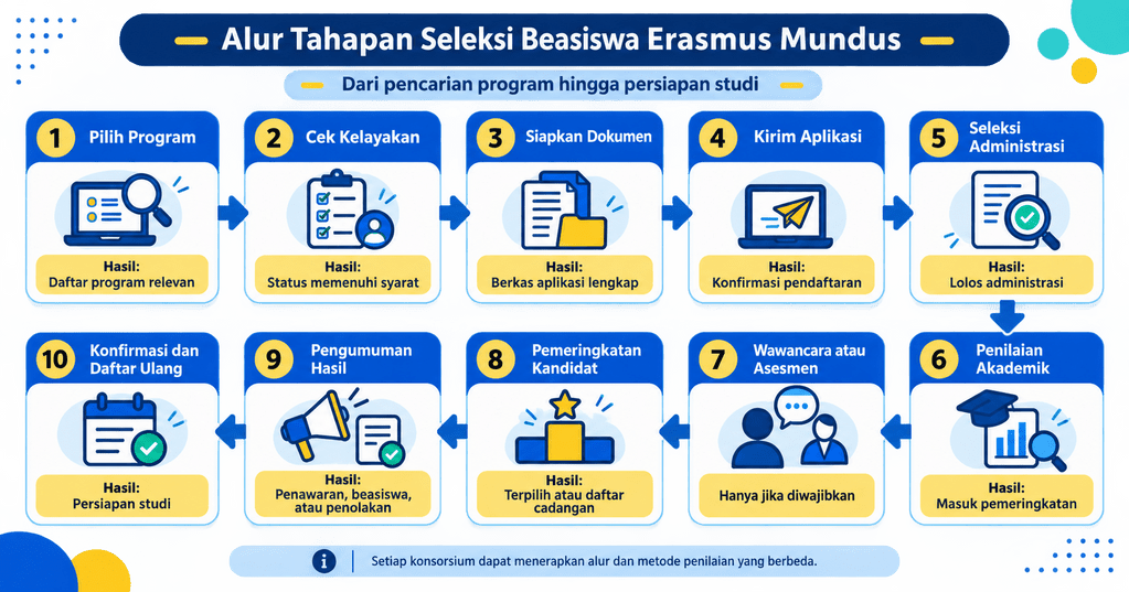 Alur tahapan seleksi Beasiswa Erasmus Mundus dari aplikasi hingga pengumuman