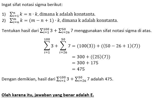 Hasil Dari ∑(i=1 Sampai 100) 3+∑(i=26 Sampai 50) 7...