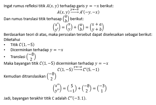 Titik C(1,−5) Dicerminkan Terhadap Garis Y:−x. Kem