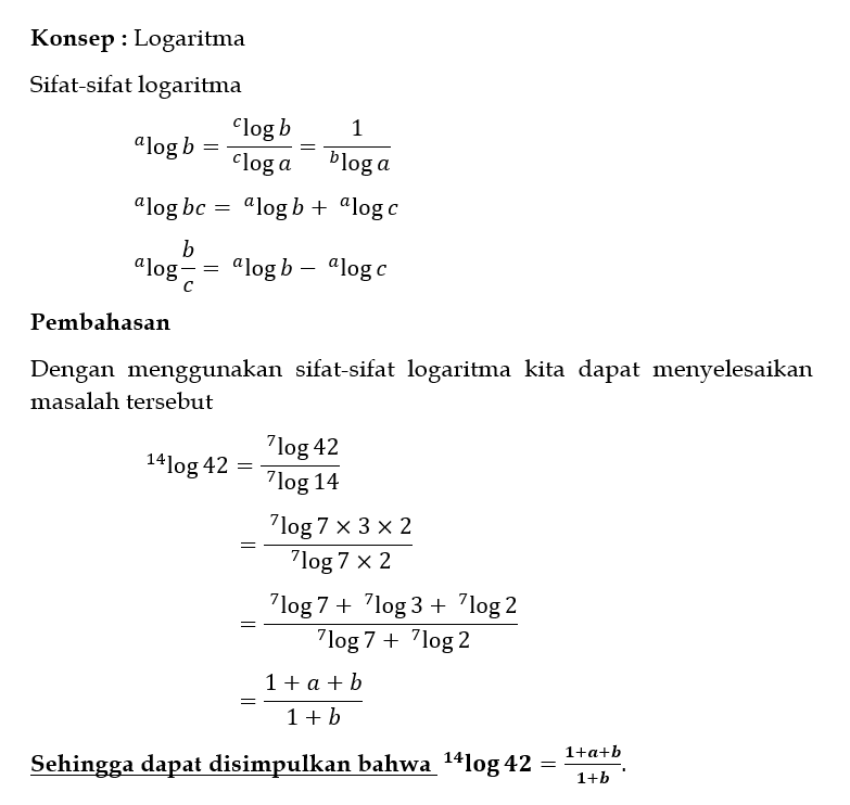 7 Log 3 =a dan 7 log 2 =b nilai 14 log 42...