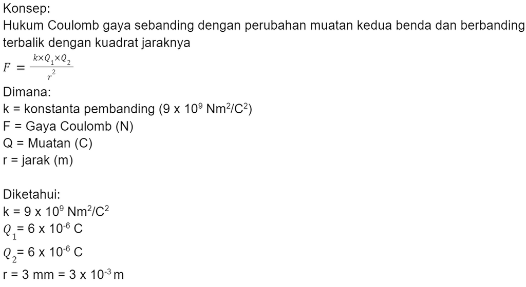 Dua Buah Benda Masing-masing Bermuatan Listrik 6 X...