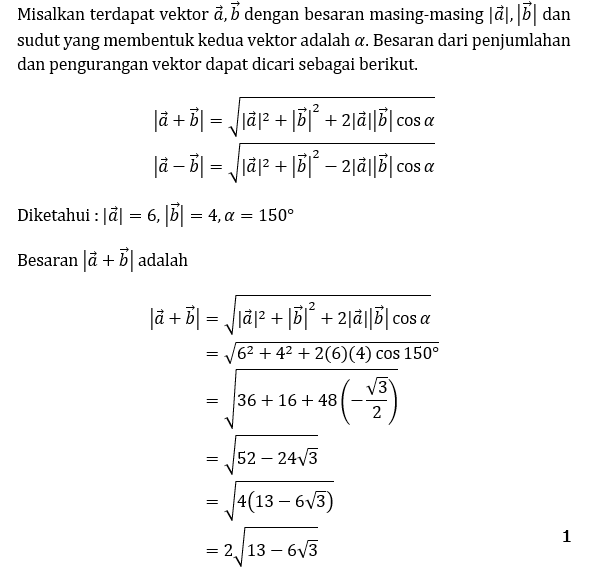 |a| = 6 Dan |b| = 4 Besar Sudut (a,b)= 150° Hutung...