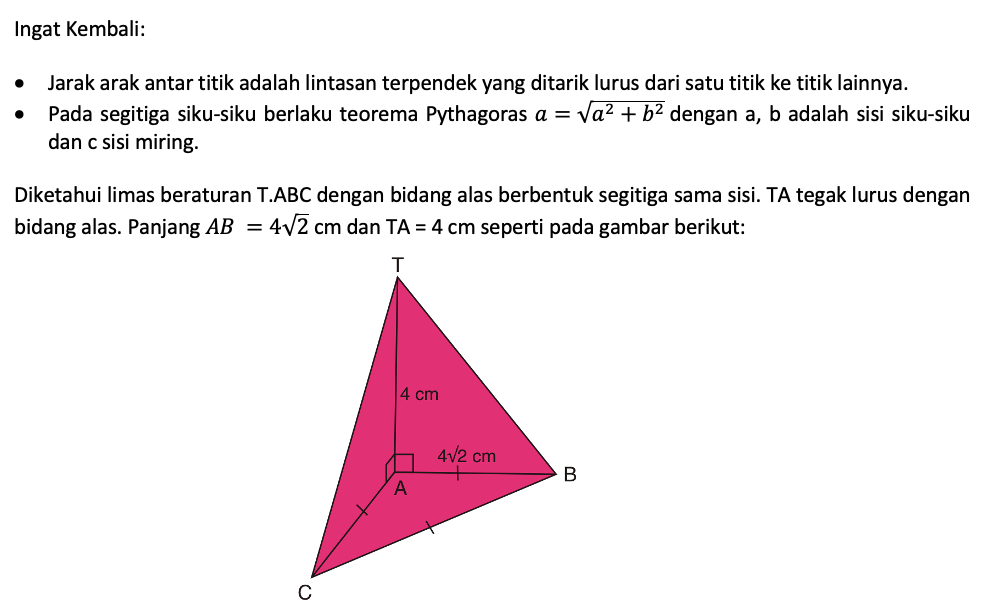 Diketahui Limas Beraturan T.ABC Dengan Bidang Alas...