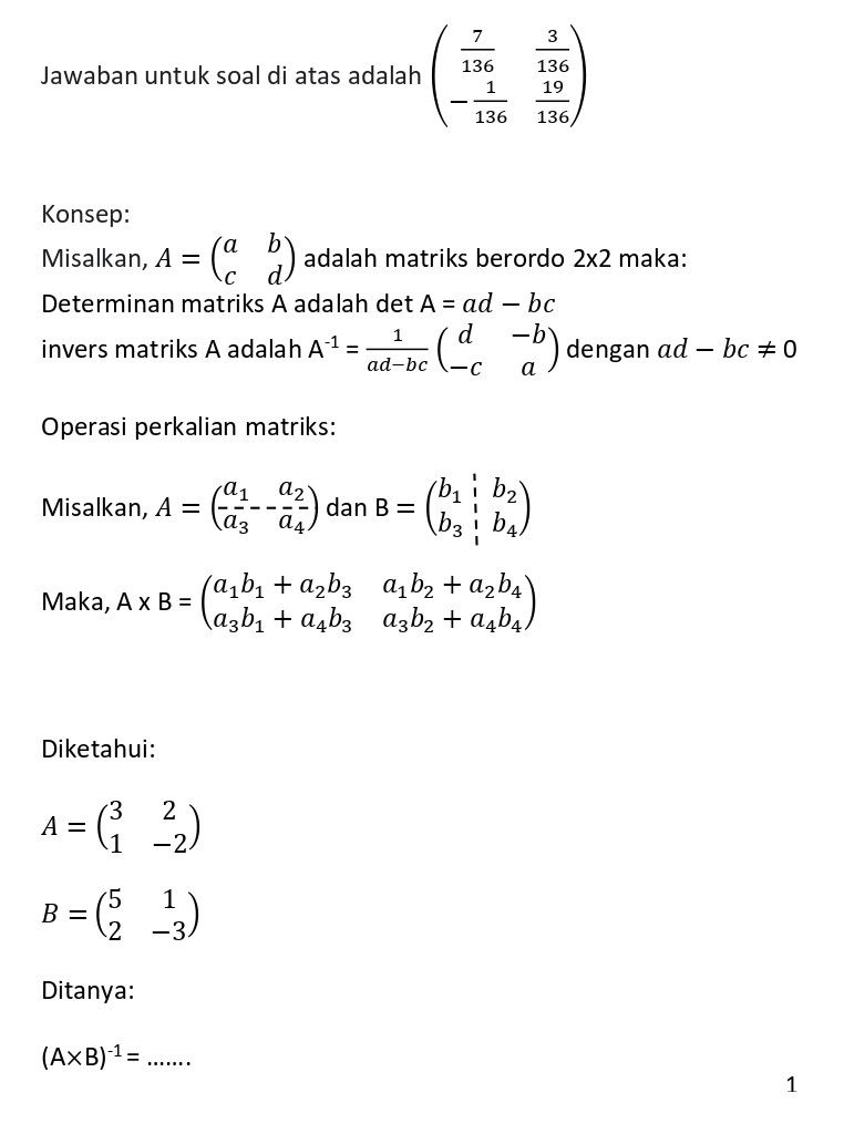 Jika Diketahui Matriks A = [(3,,2)(1,,−2)] Dan Mat...