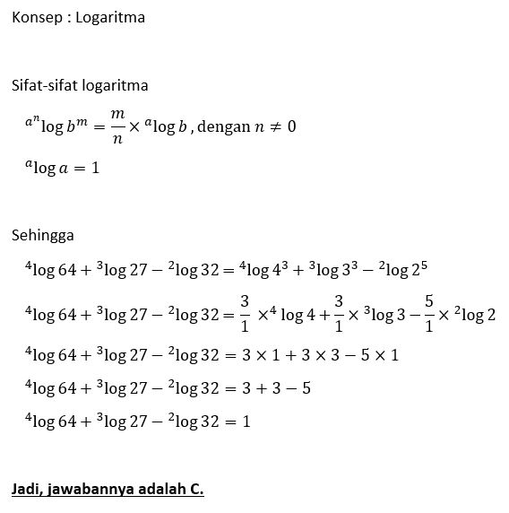 Nilai dari ⁴log64+³log27−²log32 adalah .... A. −2...