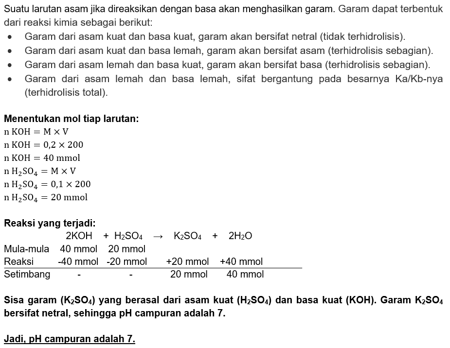 Sebanyak 200 Ml Larutan H2so4 0 1 M Direaksikan De