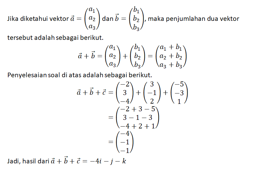 Diketahui Vektor A=-2i+3j-4k,b=3i-j+2k,c=-5i-3j+k ...