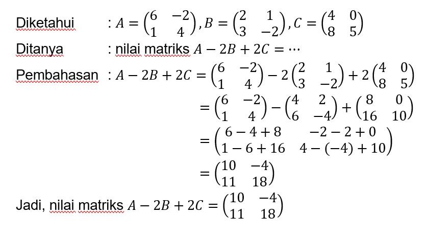 Diketahui Matriks A [6 -2] B [2 1] C [4 0] [1 4]