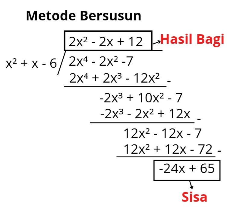 Hasil Bagi Dan Sisa 2x⁴ − 2x² − 7 Jika Dibagi Oleh...