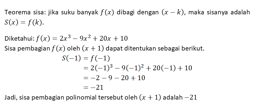 Sisa pembagian polinomial 2x³-9x²+20x+10 dibagi ol...