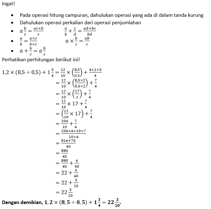 Hasil Dari 1,2 × (8,5:0,5) + 1(3/4) Adalah......