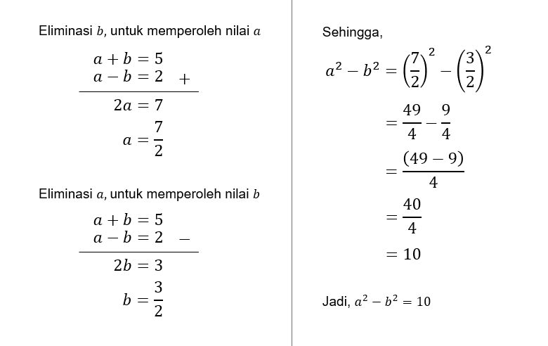 Jika A+b=5 Dan A−b=2 Maka Nilai A²-b² Adalah ......