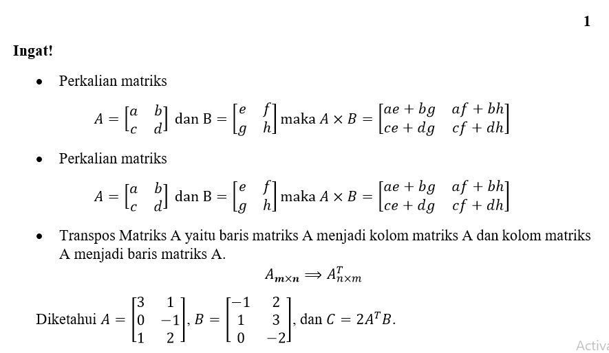 Diketahui Matriks A=[(3 1)(0 -1)(1 2)], B=[(-1 2)(...