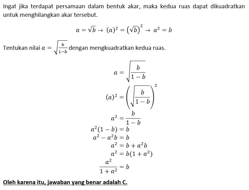 Jika A=√(b/(1−b)), Maka Nilai B Yang Dinyatakan Da...