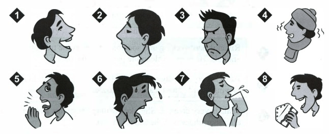 Match the words and pictures. angry cold happy ...