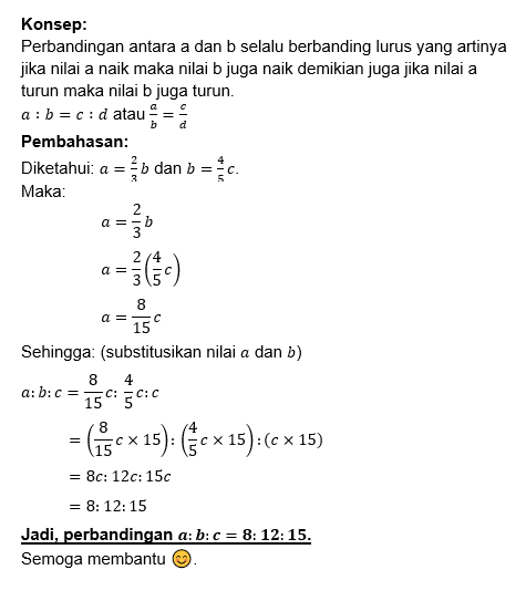 Diketahui A= 2/3 B Dan B= 4/5 C Perbandingan A,b...