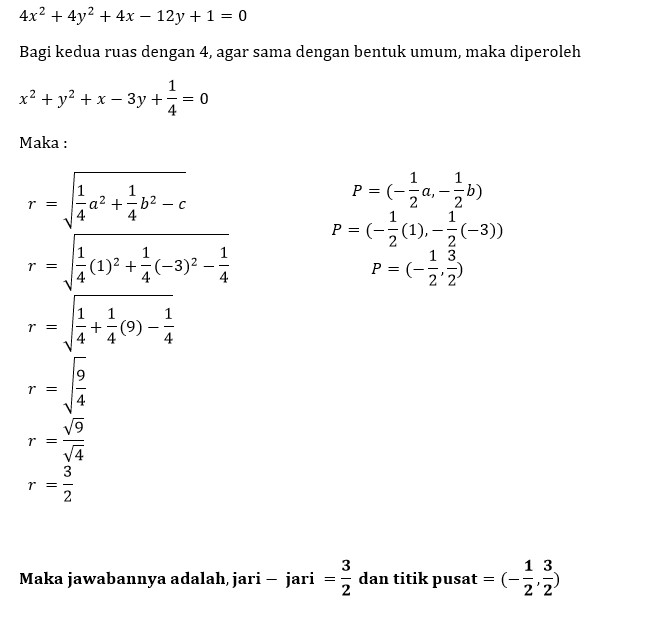 jari jari lingkaran x 2 y 2 4x 6y 12 0 adalah