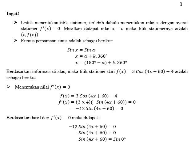 Nilai Dan Titik Stasioner Dari 3cos(4x+60)-4...