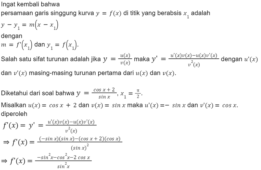 Persamaan Garis Singgung Pada Kurva Y=(cos X +2)/s...