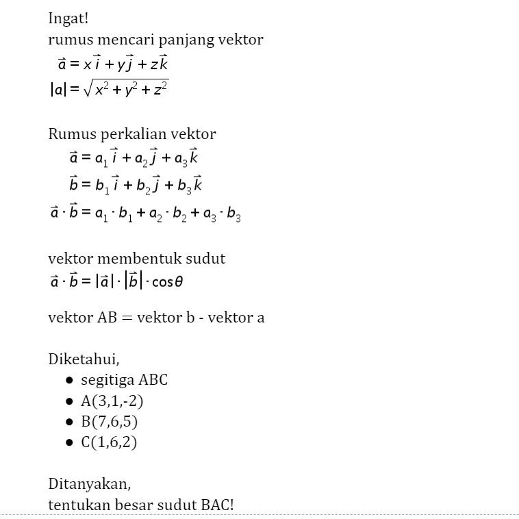 Diketahui Segitiga ABC Dengan A(3,1,-2),B(7,6,5) D...