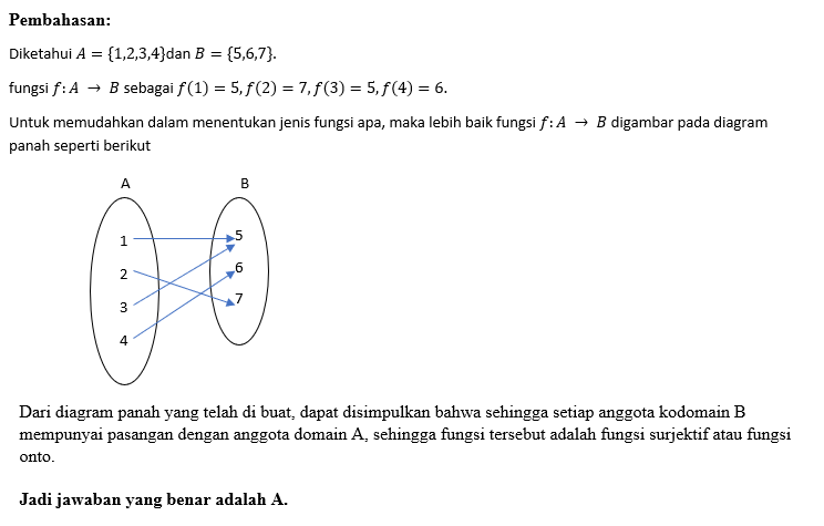 Ditentukan A={1,2,3,4}dan B={5,6,7}. Didefinisikan...