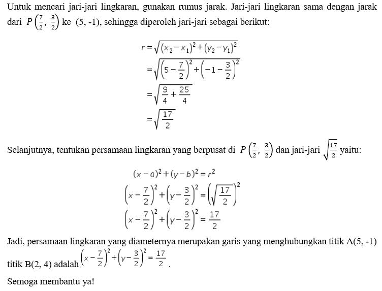 Tentukan Persamaan Lingkaran Yang Diameternya Meru...