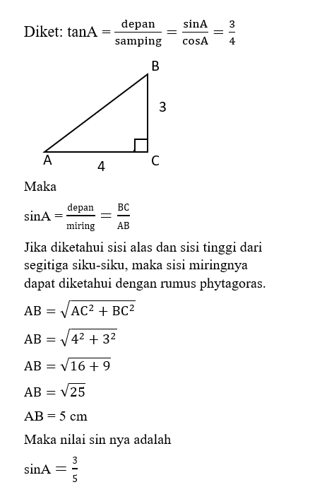 Diketahui Segitiga ABC Siku Siku Di C. Jika Tan A=...