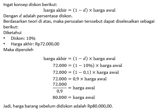 Harga Suatu Barang Dengan Diskon 10% Diketahui Rp7...