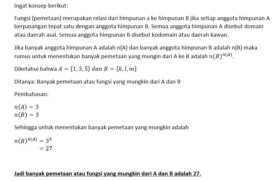 Diketahui A={1,3,5} Dan B ={k,l,m} Banyaknya Pemet...