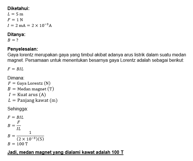 Jika Gaya Lorentz Yang Dialami Sebuah Kawat Pengha...