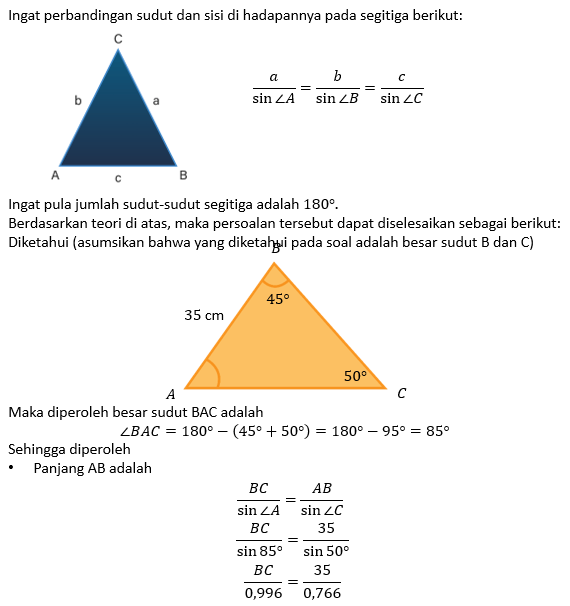 Jika Diketahui Sin B=45, Sin C=50, Dan Panjang AB=...