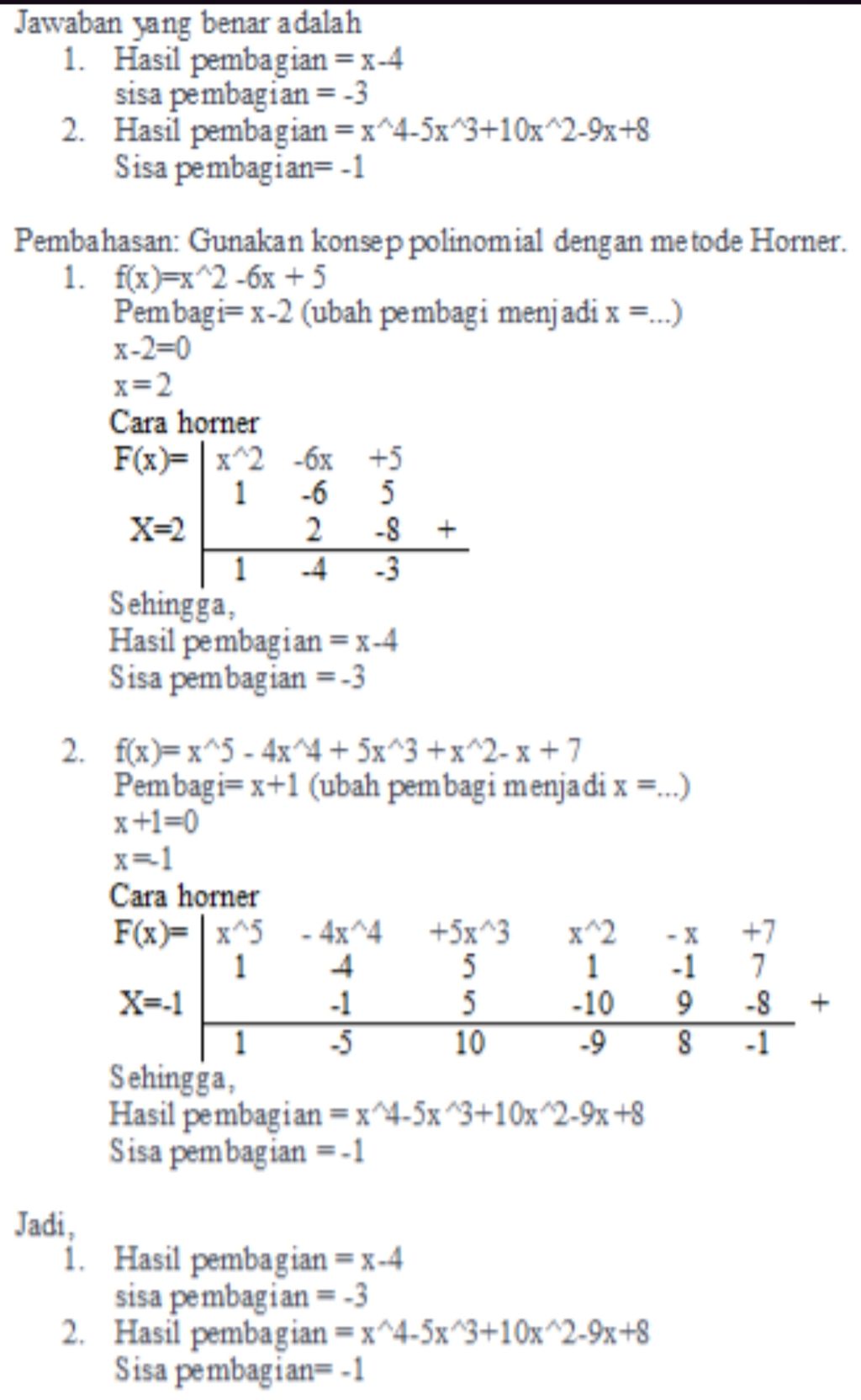 Tentukan Hasil Dan Sisa Pembagian Suku Banyak 1.f(...