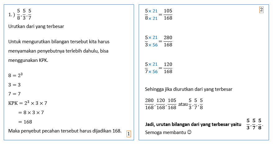 hasil dari 3 per 8 1 per 5 7 per 10 adalah