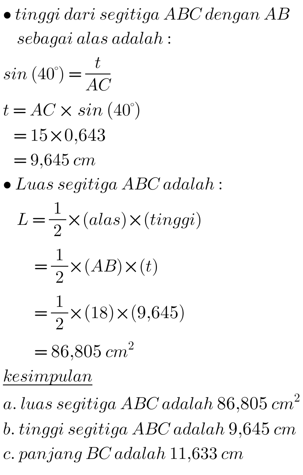 Pada Segitiga ABC Diketahui Sudut A = 40°, AC = 15...