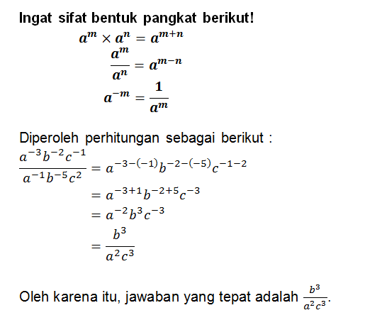 Bentuk (a⁻³b⁻²c⁻¹)/(a⁻¹b⁻⁵c²), Jika Diubah Dalam P...