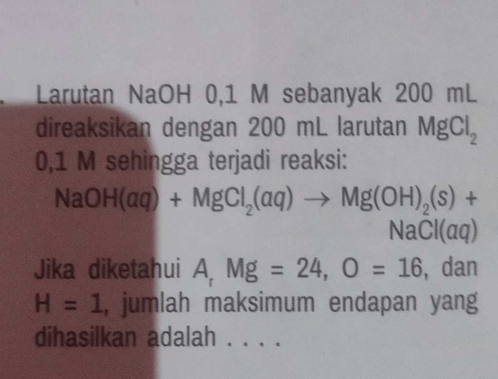 Larutan NaOH 0,1 M sebanyak 200 mL direaksikan den...